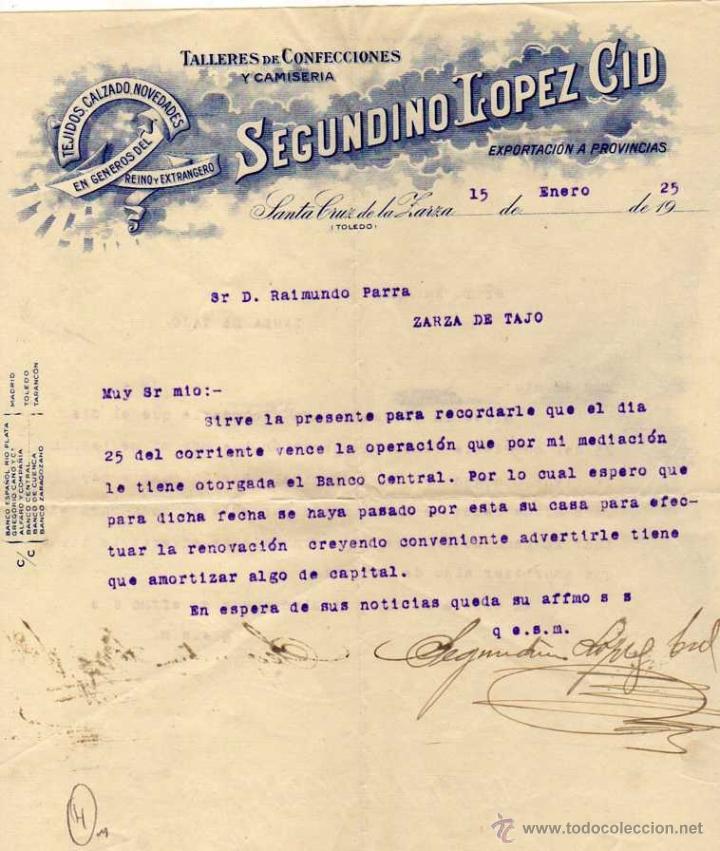 Facturas antiguas: Factura. Segundino Lopez Cid. Talleres Confecciones, Camiseria. Firma. Santa Cruz de la Zarza Toledo
