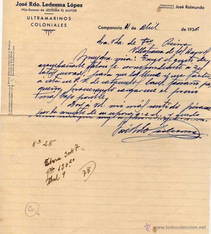 Facturas antiguas: Factura. Jose Rdo Ledesma L&oacute;pez. Ultramarinos y coloniales. Campanario. Badajoz. Firma