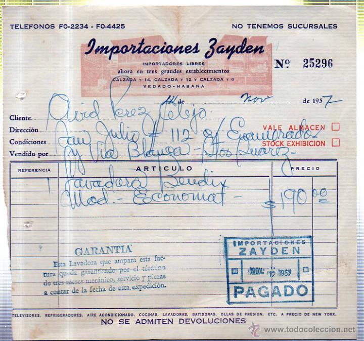 Facturas antiguas: FACTURA DE IMPORTACIONES ZAYDEN. IMPORTADORES LIBRES. HABANA - CUBA. 1957.