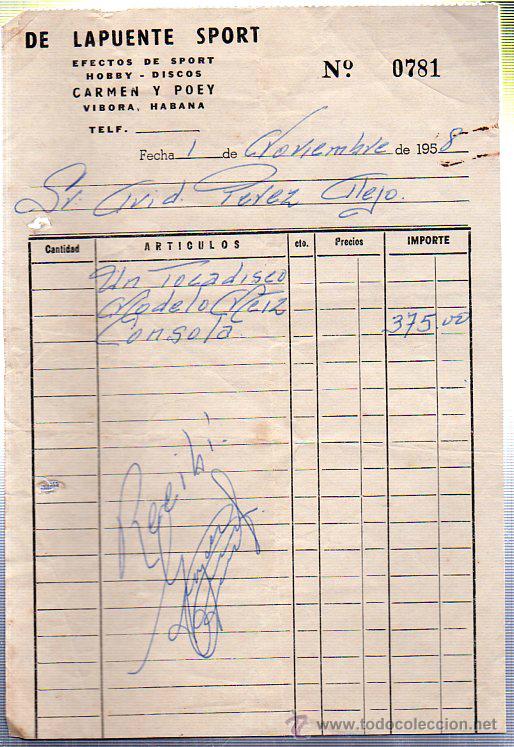 Facturas antiguas: FACTURA DE LAPUENTE SPORT. EFECTOS DE SPORT. HOBBY - DISCOS. CARMEN Y POEY. VIBORA - HABANA. 1958