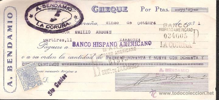 Facturas antiguas: CHEQUE PARTICULAR LA CORU&Ntilde;A DE A.BENDAMIO A&Ntilde;O 1931 - Foto 1