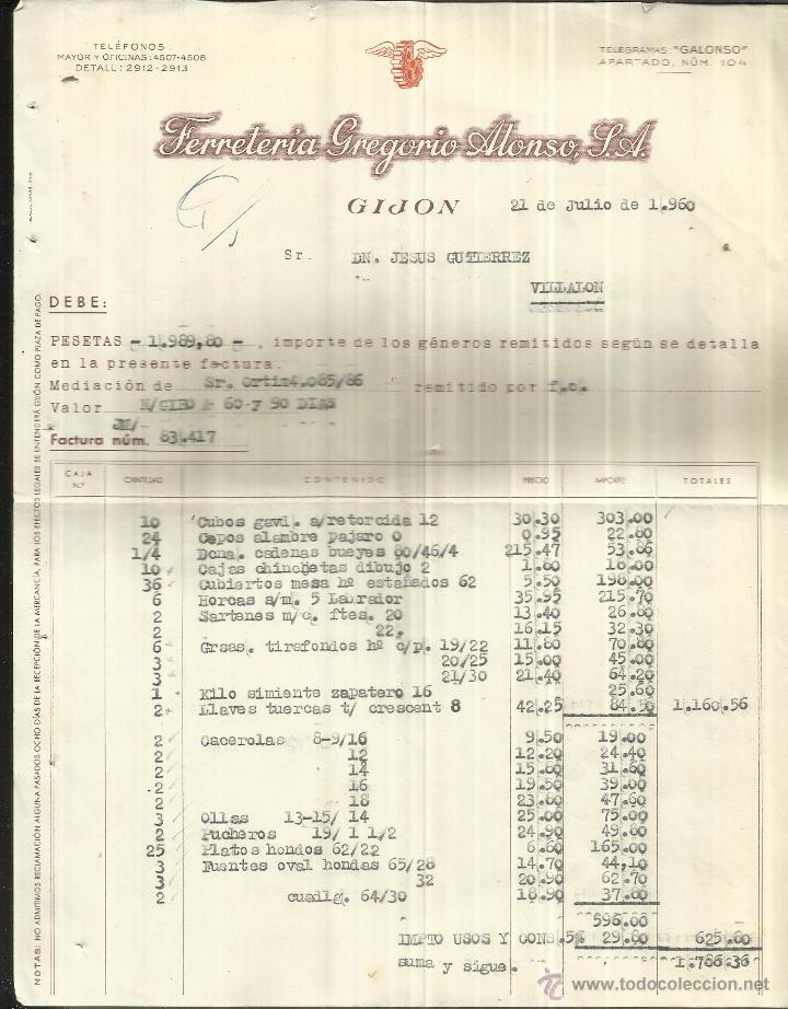 Facturas antiguas: BILL GREGORIO ALONSO HARDWARE SA. GIJ&Oacute;N. 1960 - Foto 1