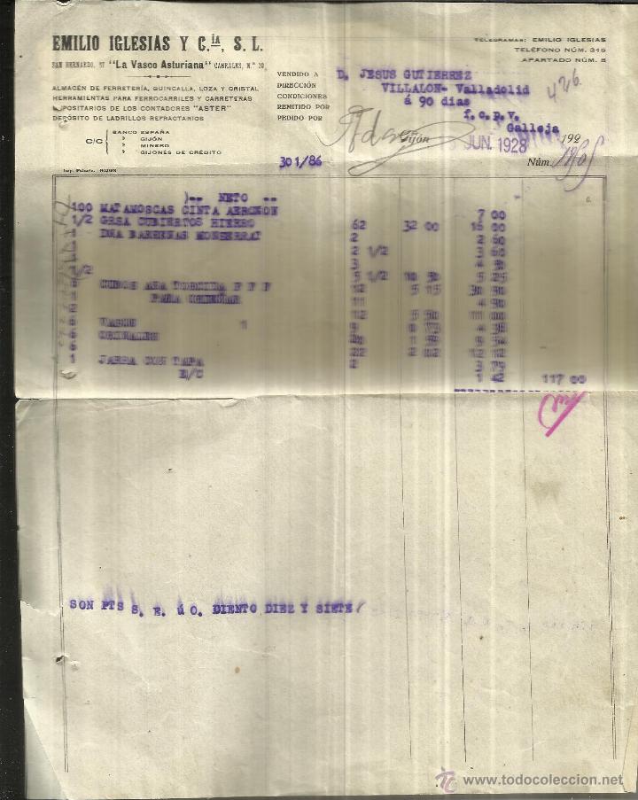 Alte Rechnungen: FACTURA DE EMILIO IGLESIAS Y C&ordf;. FERRETER&Iacute;A, QUINCALLA, LOZA Y CRISTAL. GIJ&Oacute;N. 1929
