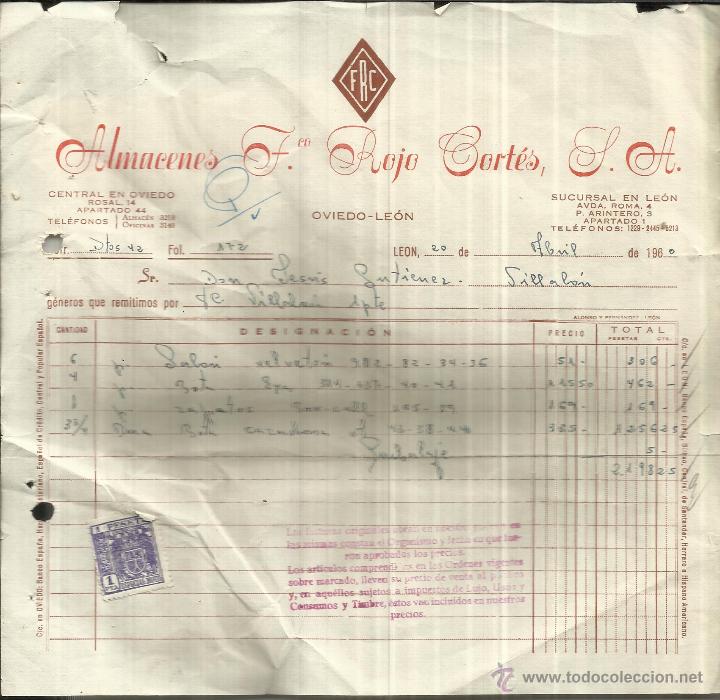Alte Rechnungen: FACTURA DE ALMACENES FRANCISCO ROJO CORT&Eacute;S S.A. OVIEDO-LE&Oacute;N. 1960