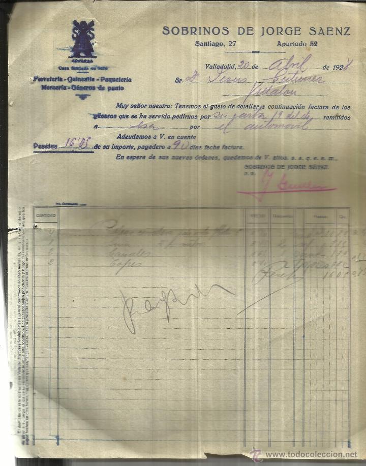 Alte Rechnungen: FACTURA DE SOBRINOS DE JORGE SAENZ. FERRER&Iacute;A-QUINCALLA-PAQUETER&Iacute;A-MERCER&Iacute;A. VALLADOLID. 1928