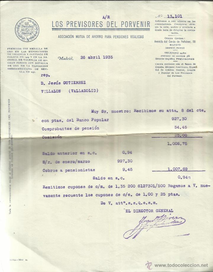 Alte Rechnungen: FACTURA DE LOS PREVISORES DEL PORVENIR. AS. MUTUA DE AHORRO PARA PENSIONES VITALICIAS. MADRID. 1935