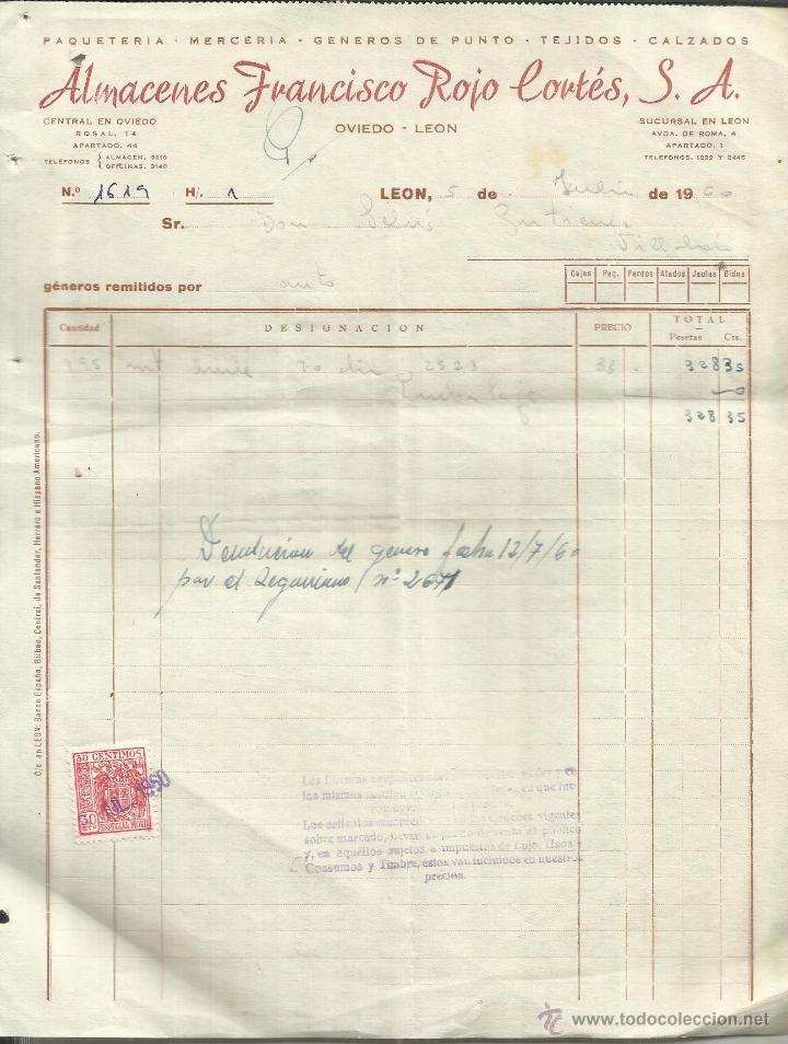 Alte Rechnungen: FACTURA DE ALMACENES FRANCISCO ROJO CORT&Eacute;S, S.A. PAQUETER&Iacute;A. MERCER&Iacute;A. TEJIDOS. CALZADOS. LE&Oacute;N. 1960
