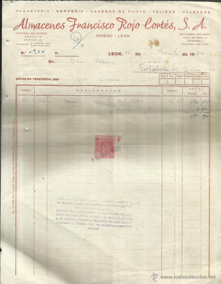 Alte Rechnungen: FACTURA DE ALMACENES FRANCISCO ROJO CORT&Eacute;S, S.A. PAQUETER&Iacute;A. MERCER&Iacute;A. TEJIDOS. CALZADOS. LE&Oacute;N. 1960