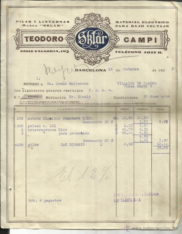 Alte Rechnungen: FACTURA DE TEODORO CAMPI. PILAS Y LINTERNAS SKLAR. BARCELONA. 1928