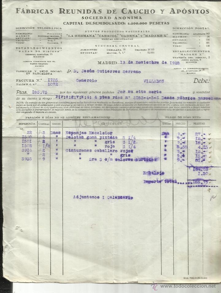 Alte Rechnungen: FACTURA DE F&Aacute;BRICAS REUNIDAS DE CAUCHO Y AP&Oacute;SITOS S.A. LA HERMANA, CARACOL,CADENA Y MADAMEX. 1928