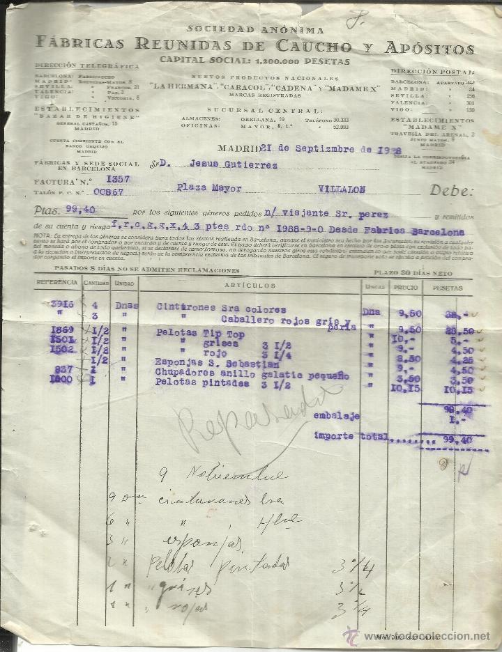 Alte Rechnungen: FACTURA DE F&Aacute;BRICAS REUNIDAS DE CAUCHO Y AP&Oacute;SITOS S.A. LA HERMANA, CARACOL,CADENA Y MADAMEX. 1928