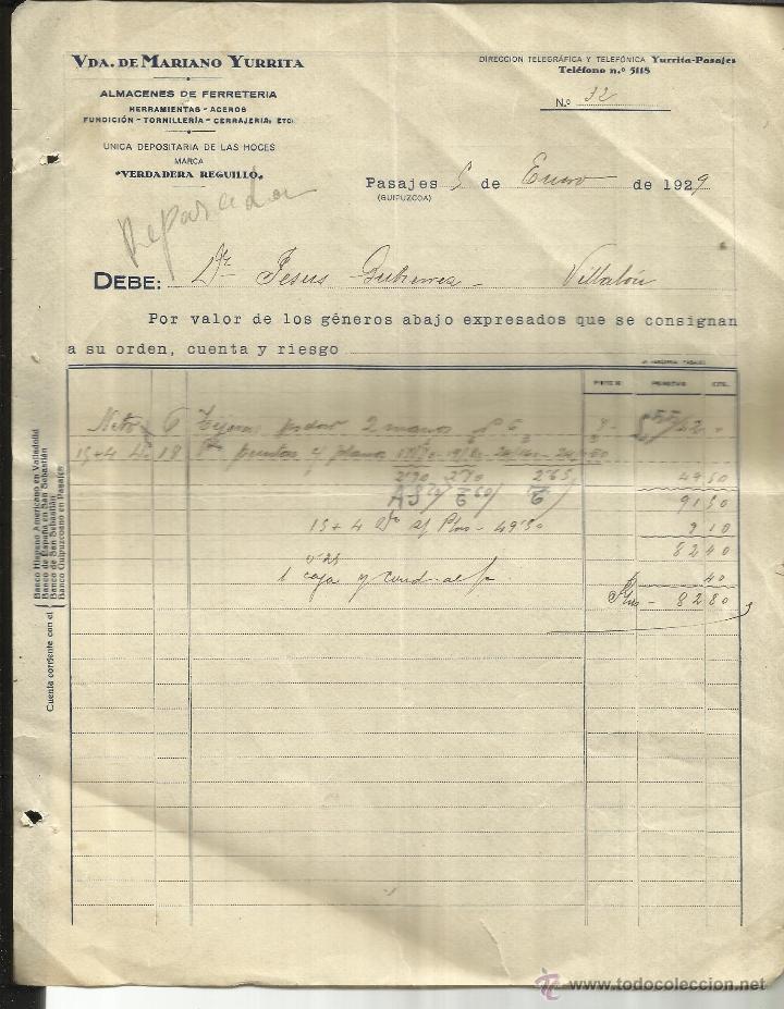 Alte Rechnungen: FACTURA DE VDA. DE MARIANO YURRITA. ALMACENES DE FERRETER&Iacute;A. PASAJES. GIP&Uacute;ZCOA. 1929
