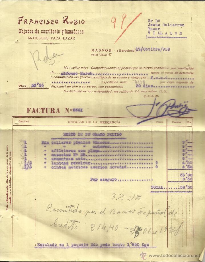 Old Invoices: FACTURA DE FRANCISCO RUBIO. OBJETOS DE ESCRITORIO Y FUMADORES. MASNOU. BARCELONA. 1928