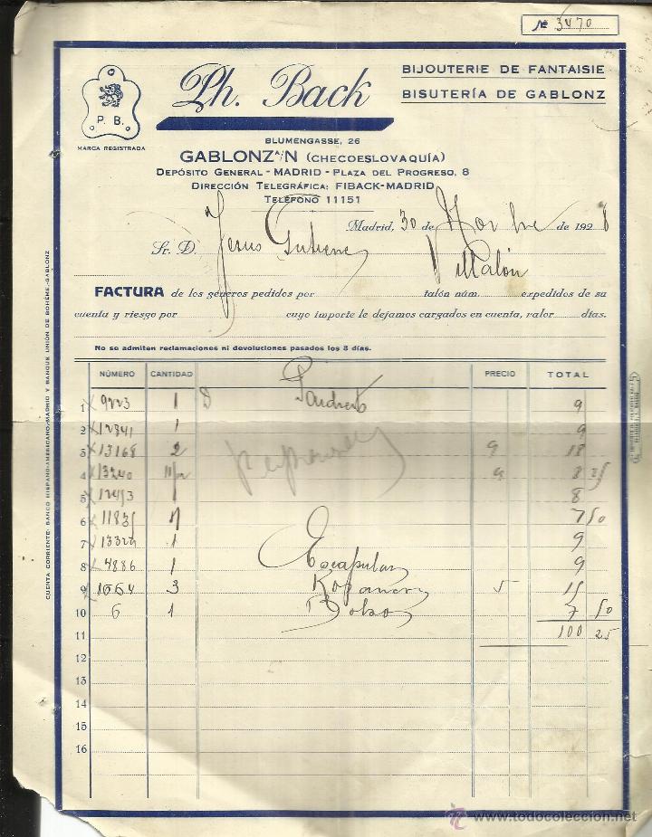 Alte Rechnungen: FACTURA DE PH. BACK. BISUTER&Iacute;A DE GABLONZ. GABLONZ. CHECOSLOVAQUIA. 1928