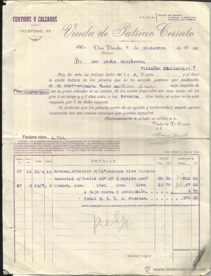 Alte Rechnungen: FACTURA DE VIUDA DE PATRICIO CERRATO. CURTIDOS Y CALZADOS. BADAJOZ. 1928