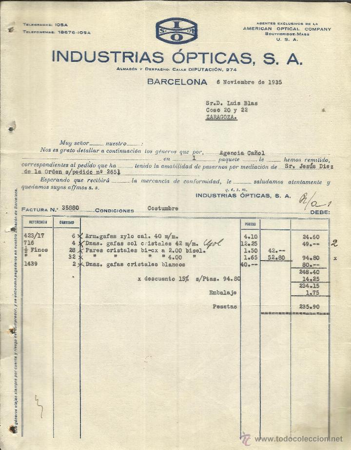 Alte Rechnungen: FACTURA DE INDUSTRIAS &Oacute;PTICAS, S.A. AGENTE DE AMERICAN OPTICAL COMPANY. BARCELONA. 1935