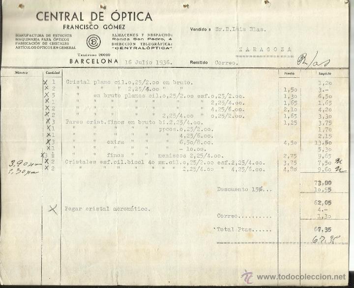 Alte Rechnungen: FACTURA DE CENTRAL &Oacute;PTICA FRANCISCO G&Oacute;MEZ. BARCELONA. 1936