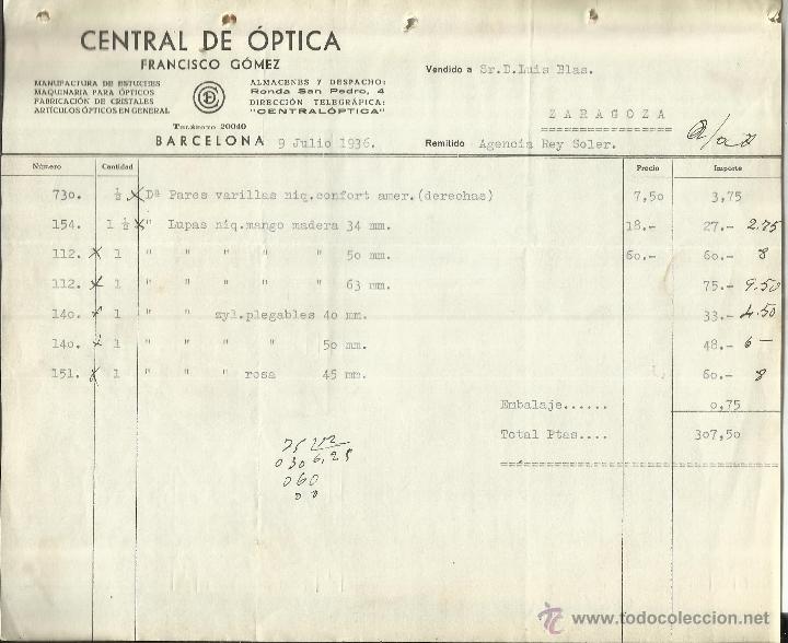 Alte Rechnungen: FACTURA DE CENTRAL &Oacute;PTICA FRANCISCO G&Oacute;MEZ. BARCELONA. 1936