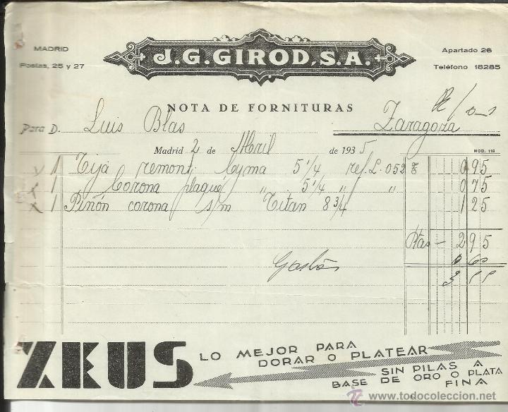 Alte Rechnungen: FACTURA DE J.G. GIROD, S.A. ZEUS. MADRID. 1935