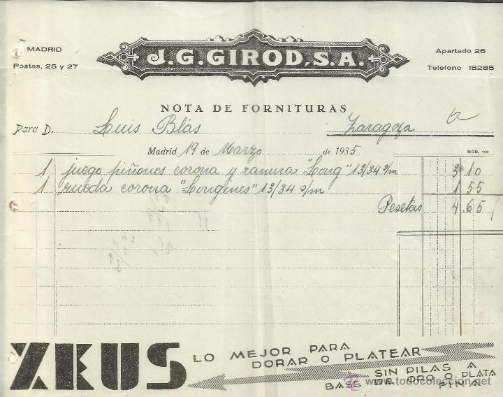Alte Rechnungen: FACTURA DE J.G. GIROD, S.A. ZEUS. MADRID. 1935