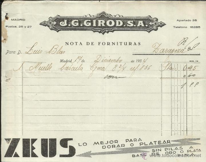 Alte Rechnungen: FACTURA DE J.G. GIROD, S.A. ZEUS. MADRID. 1934