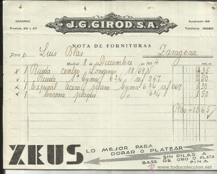 Alte Rechnungen: FACTURA DE J.G. GIROD, S.A. ZEUS. MADRID. 1934