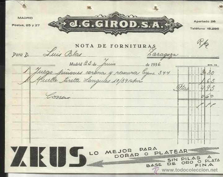Alte Rechnungen: FACTURA DE J.G. GIROD, S.A. ZEUS. MADRID. 1936