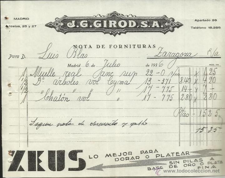 Alte Rechnungen: FACTURA DE J.G. GIROD, S.A. ZEUS. MADRID. 1936