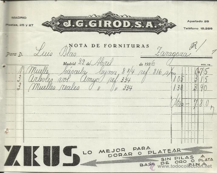 Alte Rechnungen: FACTURA DE J.G. GIROD, S.A. ZEUS. MADRID. 1936