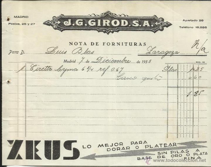 Alte Rechnungen: FACTURA DE J.G. GIROD, S.A. ZEUS. MADRID. 1935