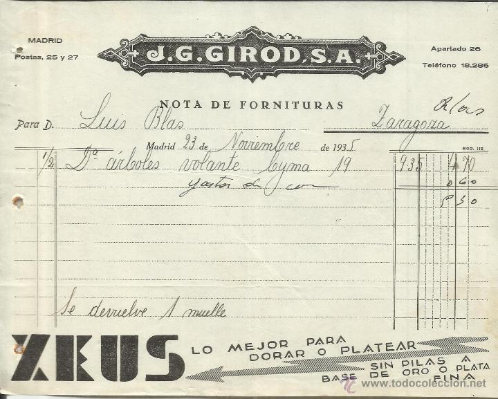Alte Rechnungen: FACTURA DE J.G. GIROD, S.A. ZEUS. MADRID. 1935