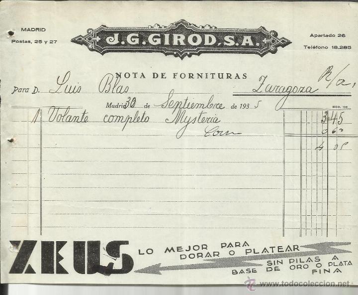 Alte Rechnungen: FACTURA DE J.G. GIROD, S.A. ZEUS. MADRID. 1935