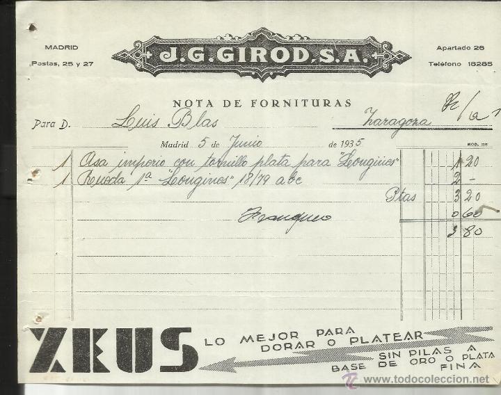 Alte Rechnungen: FACTURA DE J.G. GIROD, S.A. ZEUS. MADRID. 1935