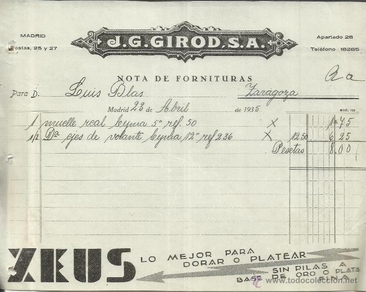 Alte Rechnungen: FACTURA DE J.G. GIROD, S.A. ZEUS. MADRID. 1935