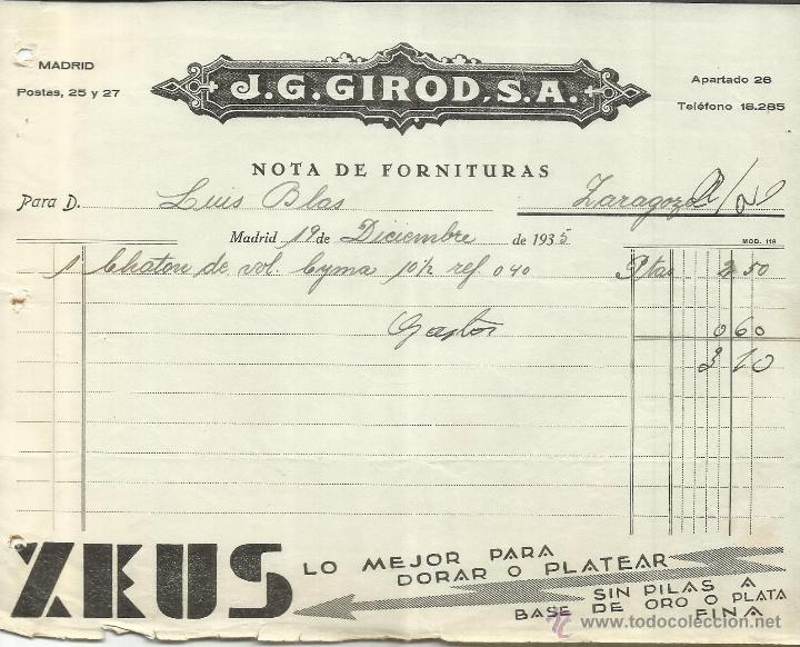 Alte Rechnungen: FACTURA DE J.G. GIROD, S.A. ZEUS. MADRID. 1935