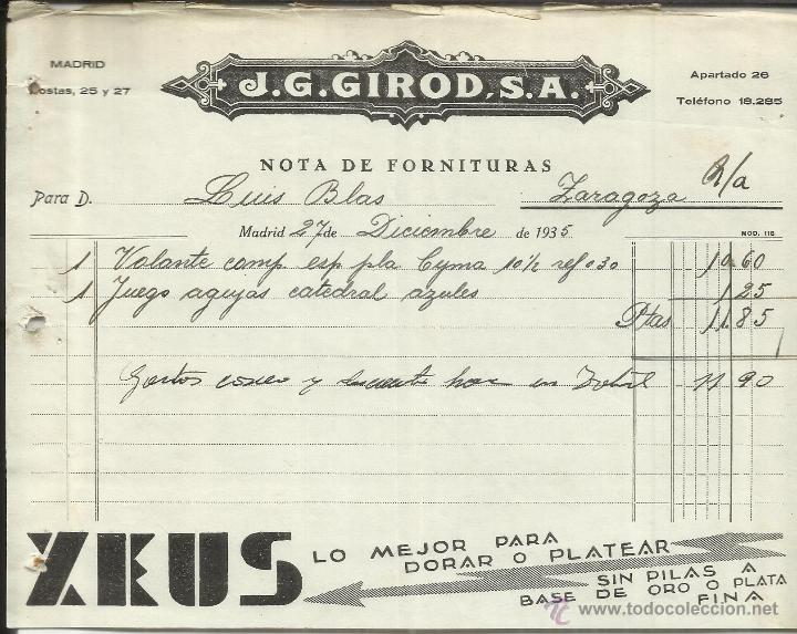 Alte Rechnungen: FACTURA DE J.G. GIROD, S.A. ZEUS. MADRID. 1935