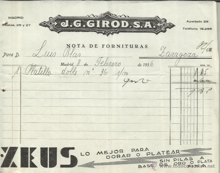 Alte Rechnungen: FACTURA DE J.G. GIROD, S.A. ZEUS. MADRID. 1936