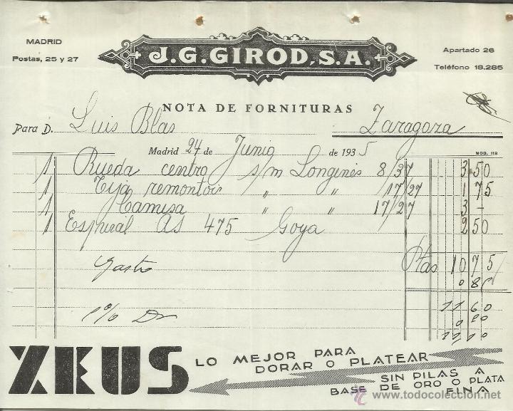 Alte Rechnungen: FACTURA DE J.G. GIROD, S.A. ZEUS. MADRID. 1936