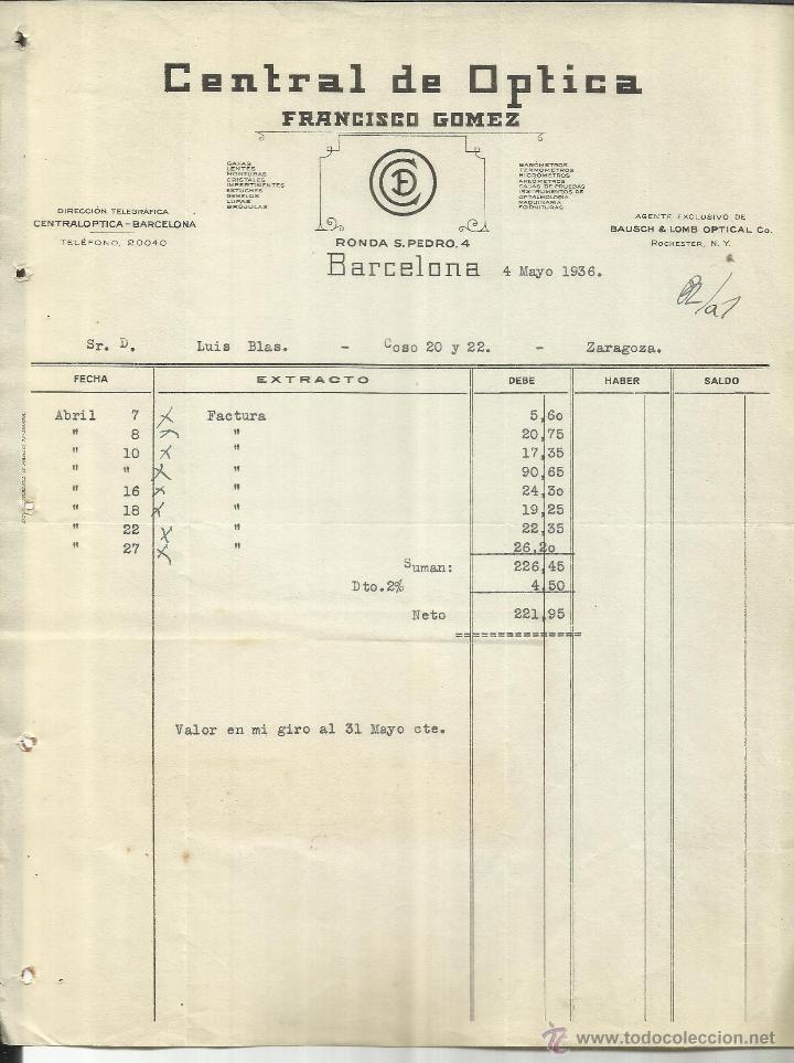 Alte Rechnungen: FACTURA DE CENTRAL DE &Oacute;PTICA. FRANCISCO G&Oacute;MEZ. BARCELONA. 1936