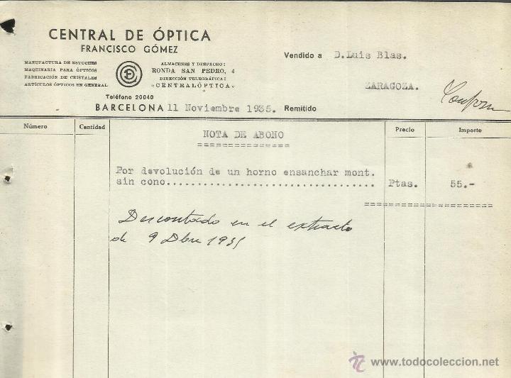 Alte Rechnungen: FACTURA DE CENTRAL DE &Oacute;PTICA. FRANCISCO G&Oacute;MEZ. BARCELONA. 1935
