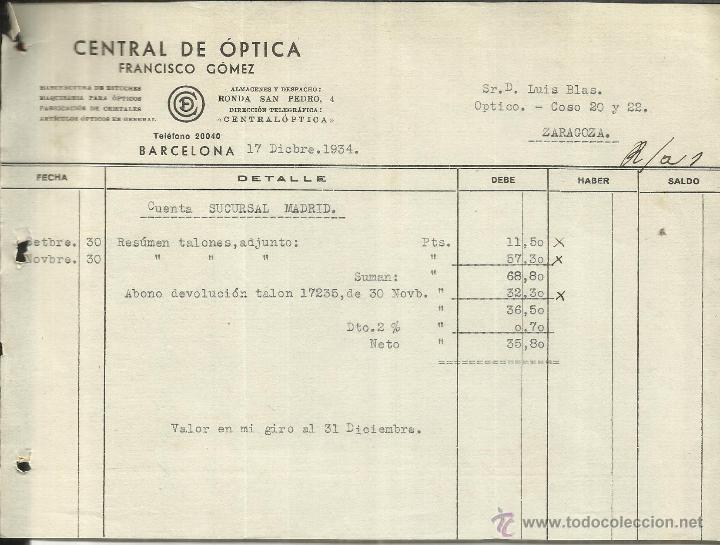 Alte Rechnungen: FACTURA DE CENTRAL DE &Oacute;PTICA. FRANCISCO G&Oacute;MEZ. BARCELONA. 1934