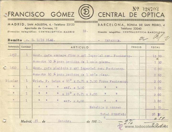 Alte Rechnungen: FACTURA DE CENTRAL DE &Oacute;PTICA. FRANCISCO G&Oacute;MEZ. BARCELONA. 1935