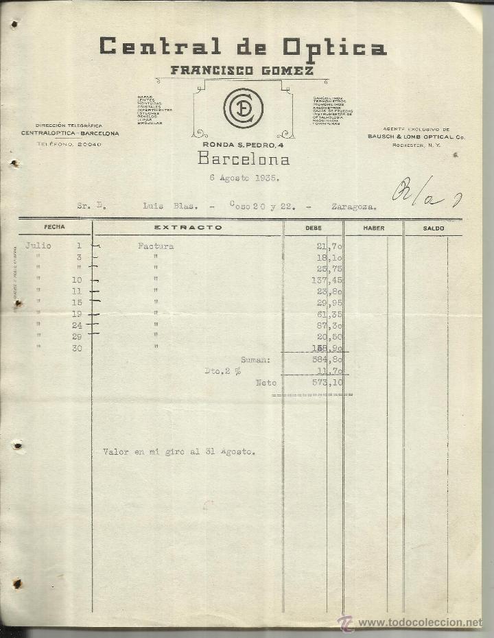 Alte Rechnungen: FACTURA DE CENTRAL DE &Oacute;PTICA. FRANCISCO G&Oacute;MEZ. BARCELONA. 1935