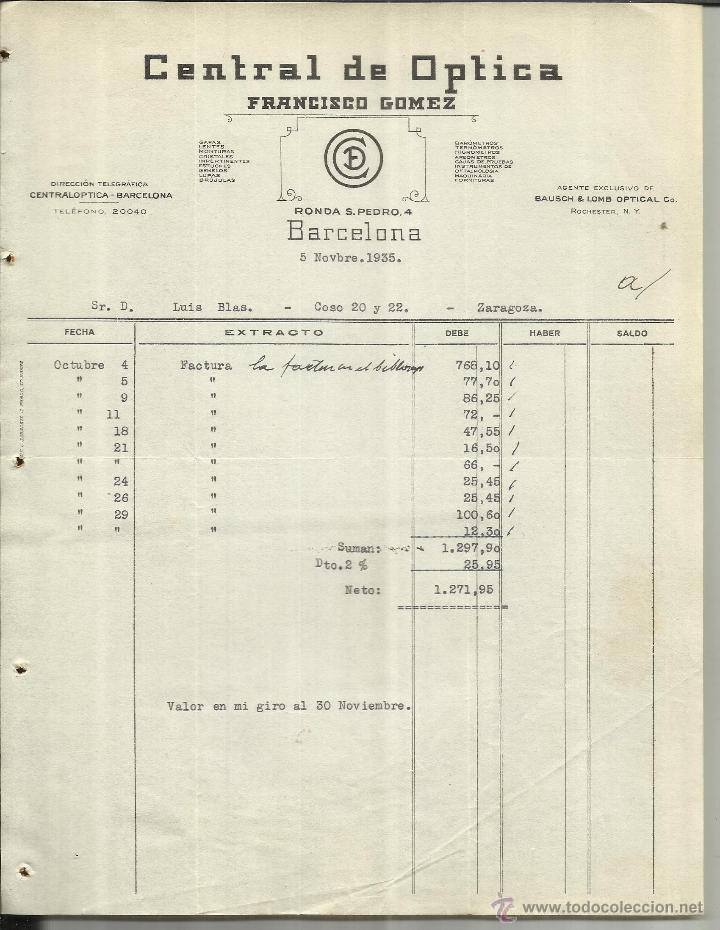 Alte Rechnungen: FACTURA DE CENTRAL DE &Oacute;PTICA. FRANCISCO G&Oacute;MEZ. BARCELONA. 1935