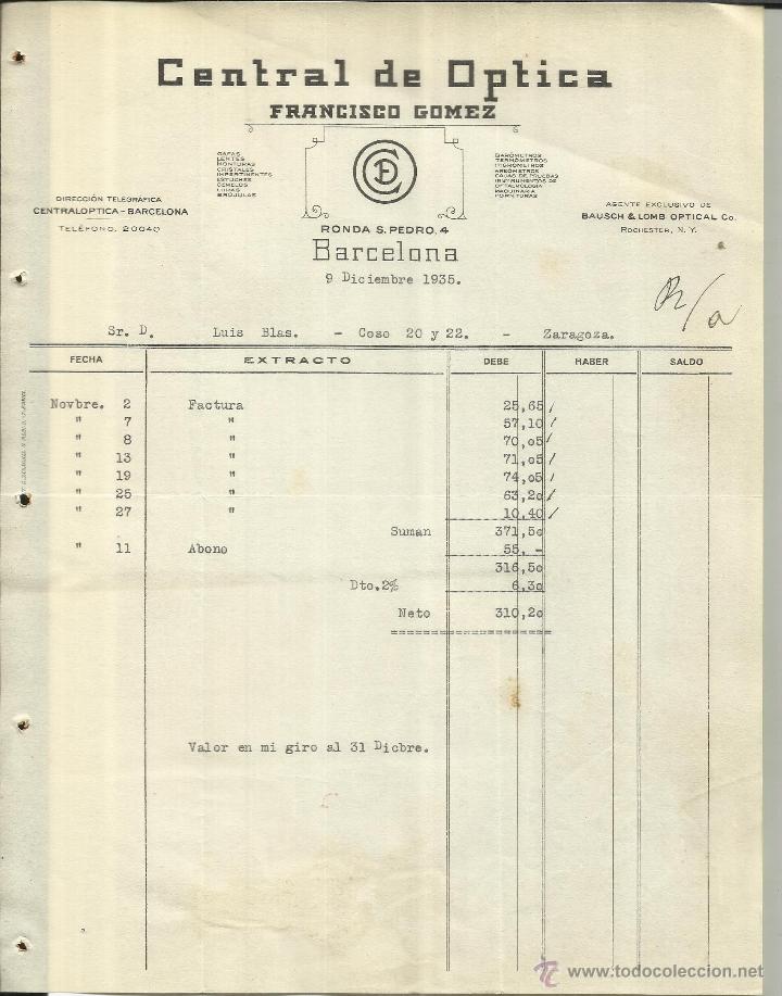 Alte Rechnungen: FACTURA DE CENTRAL DE &Oacute;PTICA. FRANCISCO G&Oacute;MEZ. BARCELONA. 1935