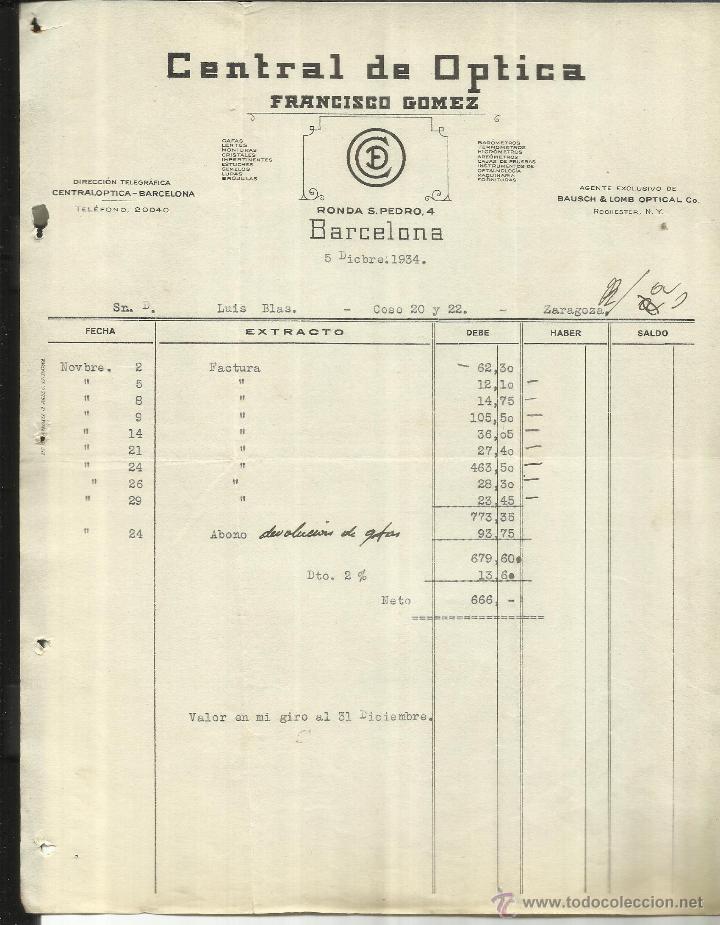 Alte Rechnungen: FACTURA DE CENTRAL DE &Oacute;PTICA. FRANCISCO G&Oacute;MEZ. BARCELONA. 1934