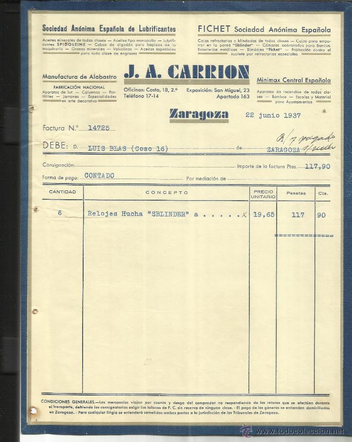 Alte Rechnungen: FACTURA DE J.A. CARRION. S.A. ESPA&Ntilde;OLA DE LUBRICANTES. FICHET S.A. ESPA&Ntilde;OLA. ZARAGOZA. 1937