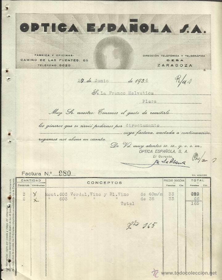 Alte Rechnungen: &Oacute;PTICA ESPA&Ntilde;OLA S.A. ZARAGOZA. 1936