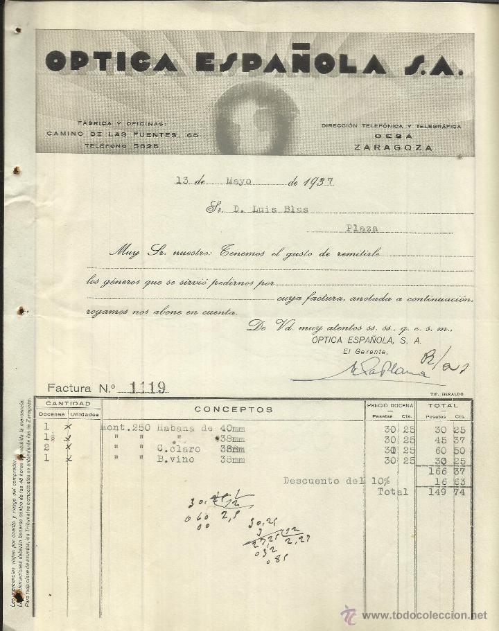 Alte Rechnungen: &Oacute;PTICA ESPA&Ntilde;OLA S.A. ZARAGOZA. 1937