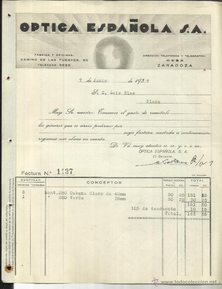 Alte Rechnungen: &Oacute;PTICA ESPA&Ntilde;OLA S.A. ZARAGOZA. 1937